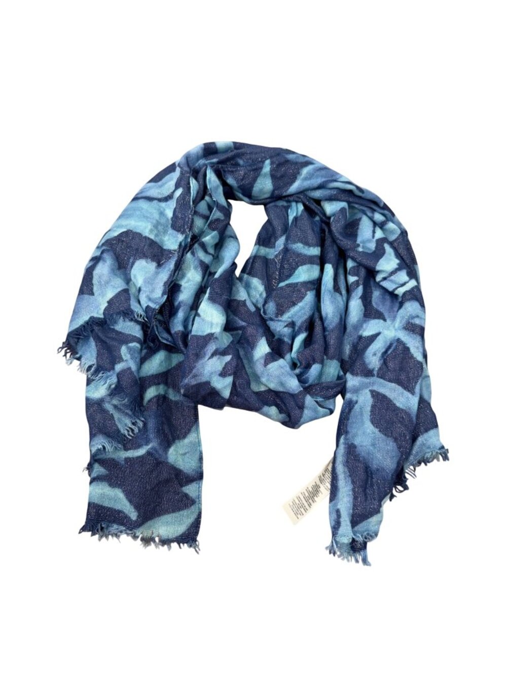 Chicos Blue Leaf Print Lightweight Scarf/ Metallic Accents One Size 68X24 Inches